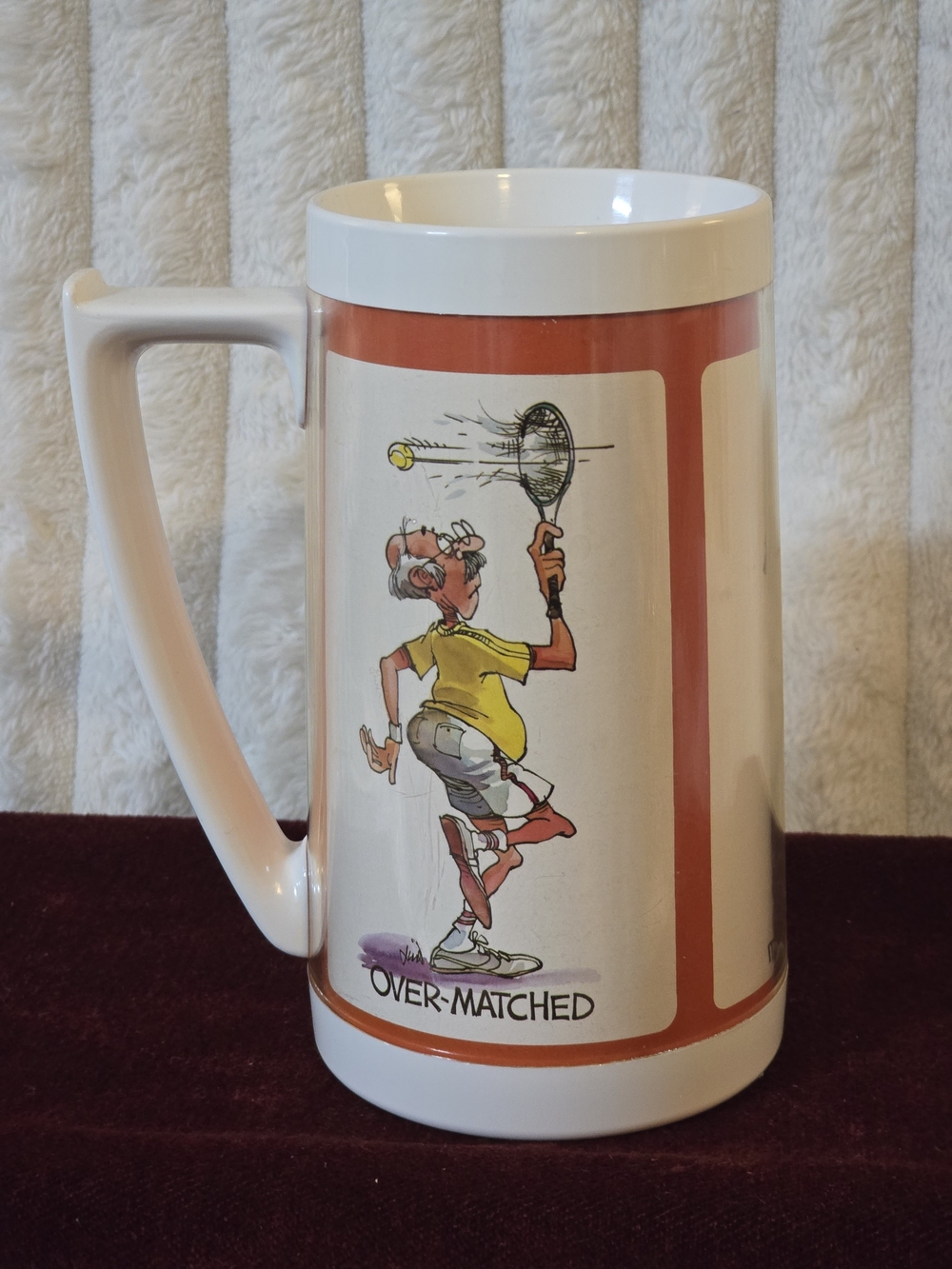 Vintage 1970s Thermo-Serv Tennis Cartoon Insulated Mug Stein 6.5"